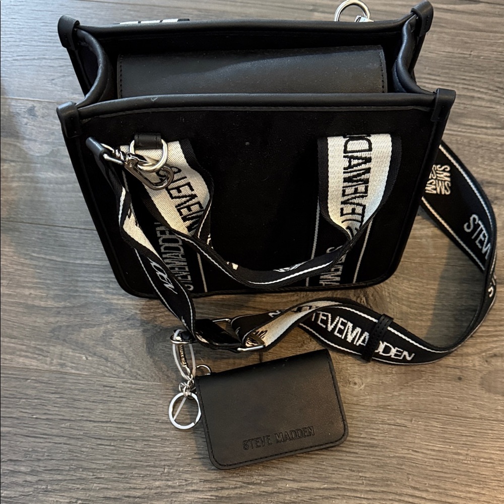 Steve Madden Black Messenger Bag with Logo Straps